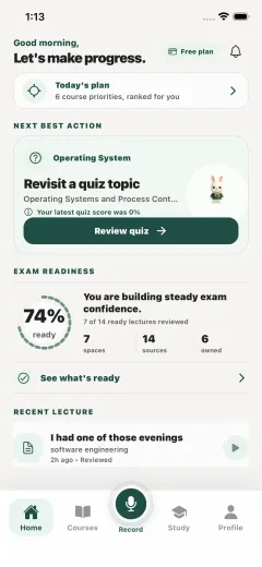 Lekta student home screen with next best action and exam readiness