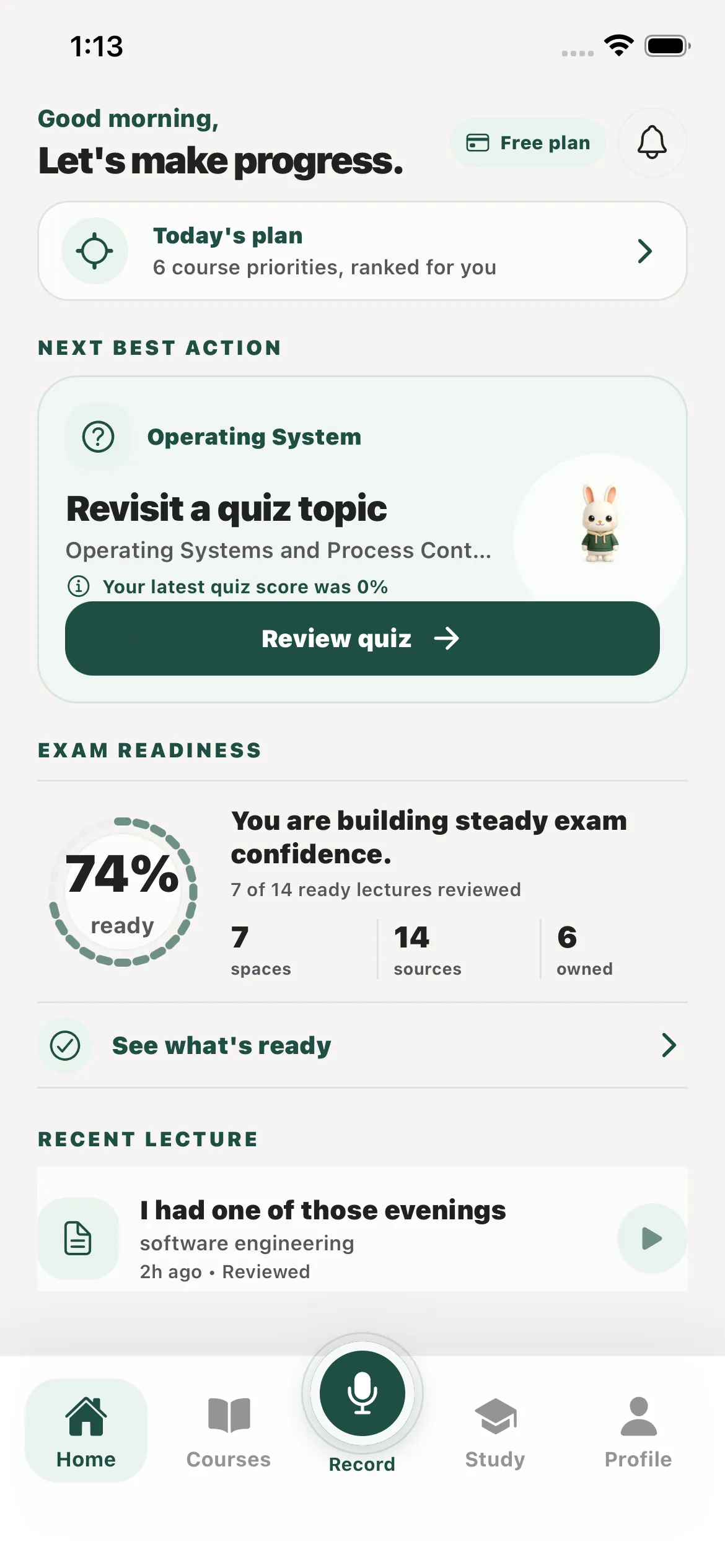 Lekta student home screen with next best action and exam readiness